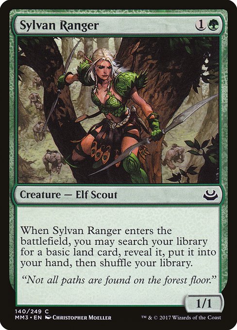 Sylvan Ranger
Creature — Elf Scout Ranger
When this creature enters, you may search your library for a basic land card, reveal it, put it into your hand, then shuffle.
1/1
