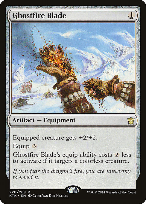 Ghostfire Blade
Artifact — Equipment
Equipped creature gets +2/+2.
Equip {3}
This Equipment's equip ability costs {2} less to activate if it targets a colorless creature.