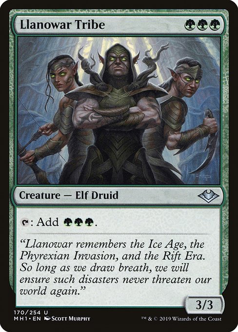 Llanowar Tribe
Creature — Elf Druid
{T}: Add {G}{G}{G}.
3/3