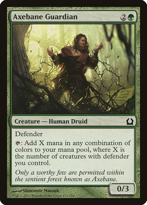 Axebane Guardian
Creature — Human Druid
Defender
{T}: Add X mana in any combination of colors, where X is the number of creatures you control with defender.
0/3