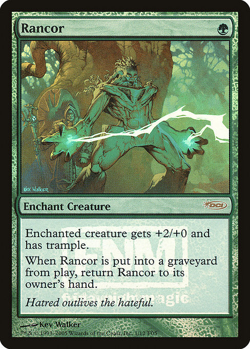 Rancor
Enchantment — Aura
Enchant creature
Enchanted creature gets +2/+0 and has trample.
When this Aura is put into a graveyard from the battlefield, return it to its owner's hand.