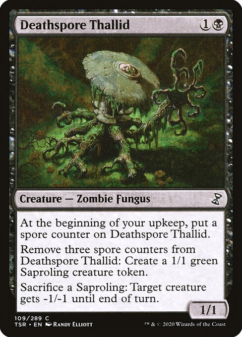 Deathspore Thallid
Creature — Zombie Fungus
At the beginning of your upkeep, put a spore counter on this creature.
Remove three spore counters from this creature: Create a 1/1 green Saproling creature token.
Sacrifice a Saproling: Target creature gets -1/-1 until end of turn.
1/1
