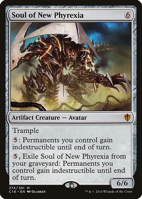 Soul of New Phyrexia
Artifact Creature — Phyrexian Avatar
Trample
{5}: Permanents you control gain indestructible until end of turn.
{5}, Exile this card from your graveyard: Permanents you control gain indestructible until end of turn.
6/6