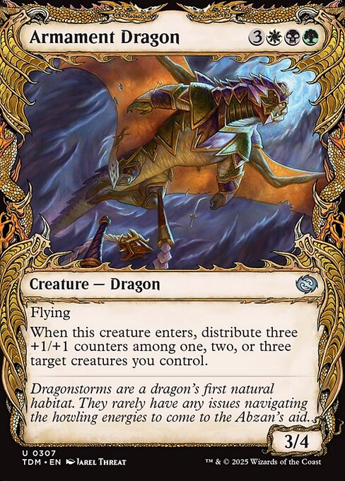 Armament Dragon
Creature — Dragon
Flying
When this creature enters, distribute three +1/+1 counters among one, two, or three target creatures you control.
3/4