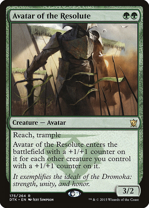 Avatar of the Resolute
Creature — Avatar
Reach, trample
This creature enters with a +1/+1 counter on it for each other creature you control with a +1/+1 counter on it.
3/2