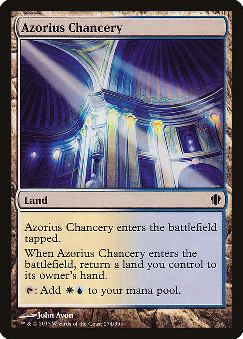 Azorius Chancery
Land
This land enters tapped.
When this land enters, return a land you control to its owner's hand.
{T}: Add {W}{U}.