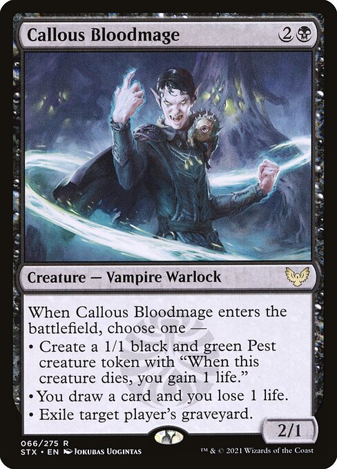 Callous Bloodmage
Creature — Vampire Warlock
When this creature enters, choose one —
• Create a 1/1 black and green Pest creature token with "When this token dies, you gain 1 life."
• You draw a card and you lose 1 life.
• Exile target player's graveyard.
2/1