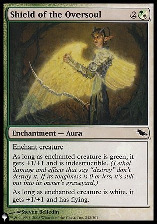 '-Shield of the Oversoul
Enchantment â€” Aura
Enchant creature
As long as enchanted creature is green, it gets +1/+1 and has indestructible.
As long as enchanted creature is white, it gets +1/+1 and has flying.