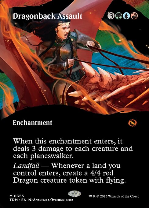 Dragonback Assault
Enchantment
When this enchantment enters, it deals 3 damage to each creature and each planeswalker.
Landfall — Whenever a land you control enters, create a 4/4 red Dragon creature token with flying.