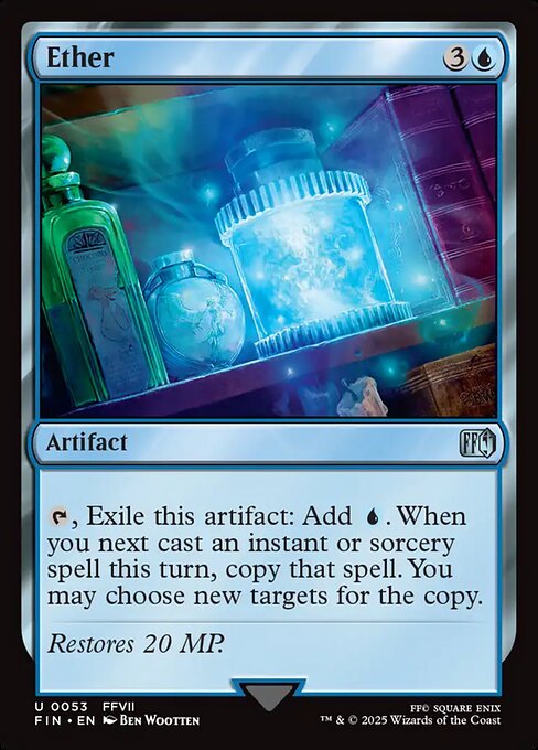 Ether
Artifact
{T}, Exile this artifact: Add {U}. When you next cast an instant or sorcery spell this turn, copy that spell. You may choose new targets for the copy.