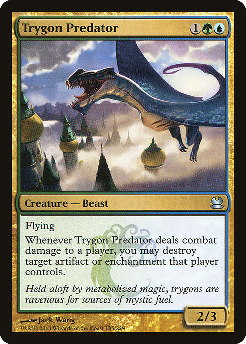Trygon Predator
Creature — Beast
Flying
Whenever this creature deals combat damage to a player, you may destroy target artifact or enchantment that player controls.
2/3