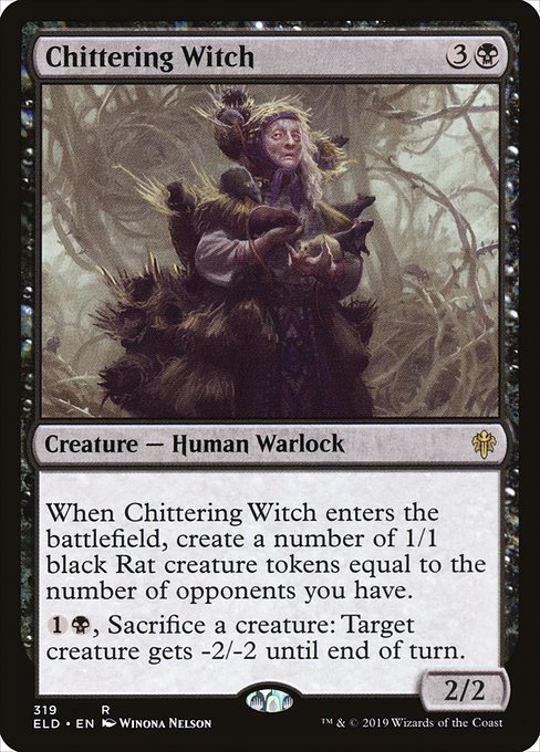 Chittering Witch
Creature — Human Warlock
When this creature enters, create a number of 1/1 black Rat creature tokens equal to the number of opponents you have.
{1}{B}, Sacrifice a creature: Target creature gets -2/-2 until end of turn.
2/2
