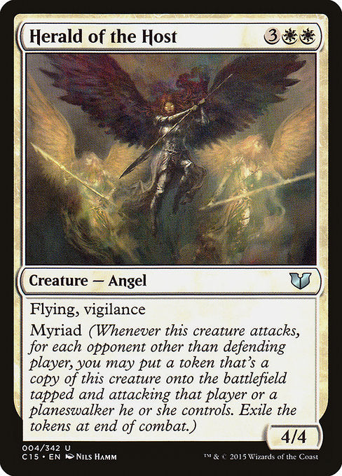 Herald of the Host
Creature — Angel
Flying, vigilance
Myriad (Whenever this creature attacks, for each opponent other than defending player, you may create a token copy that's tapped and attacking that player or a planeswalker they control. Exile the tokens at end of combat.)
4/4