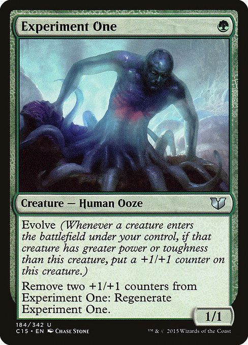 Experiment One
Creature — Human Ooze
Evolve (Whenever a creature you control enters, if that creature has greater power or toughness than this creature, put a +1/+1 counter on this creature.)
Remove two +1/+1 counters from this creature: Regenerate it. (The next time this creature would be destroyed this turn, instead tap it, remove it from combat, and heal all damage on it.)
1/1