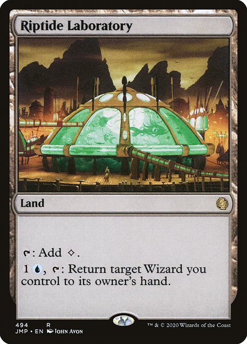 Riptide Laboratory
Land
{T}: Add {C}.
{1}{U}, {T}: Return target Wizard you control to its owner's hand.