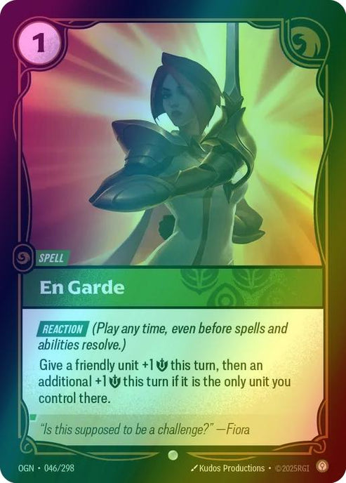 En Garde
Alternate Art Qualifier: Default Art
Set: Origins
Finish: Foil
Rarity: Common
Domain: Calm
Card Text: REACTION (Play any time, even before spells and abilities resolve.)

Give a friendly unit +1 Might this turn, then an additional +1 Might this turn if it is the only unit you control there.