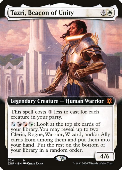 Tazri, Beacon of Unity
Legendary Creature — Human Warrior
This spell costs {1} less to cast for each creature in your party.
{2/U}{2/B}{2/R}{2/G}: Look at the top six cards of your library. You may reveal up to two Cleric, Rogue, Warrior, Wizard, and/or Ally cards from among them and put them into your hand. Put the rest on the bottom of your library in a random order.
4/6
