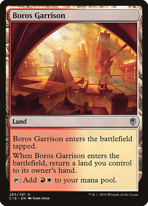 Boros Garrison
Land
This land enters tapped.
When this land enters, return a land you control to its owner's hand.
{T}: Add {R}{W}.