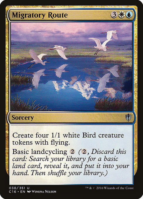 Migratory Route
Sorcery
Create four 1/1 white Bird creature tokens with flying.
Basic landcycling {2} ({2}, Discard this card: Search your library for a basic land card, reveal it, put it into your hand, then shuffle.)