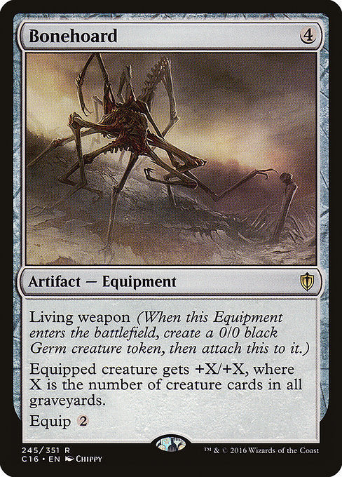 Bonehoard
Artifact — Equipment
Living weapon (When this Equipment enters, create a 0/0 black Phyrexian Germ creature token, then attach this to it.)
Equipped creature gets +X/+X, where X is the number of creature cards in all graveyards.
Equip {2}