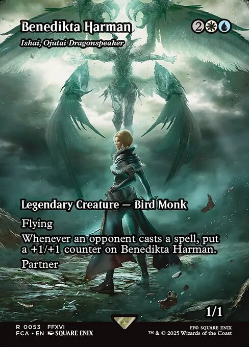 Ishai, Ojutai Dragonspeaker
Legendary Creature — Bird Monk
Flying
Whenever an opponent casts a spell, put a +1/+1 counter on Ishai.
Partner (You can have two commanders if both have partner.)
1/1