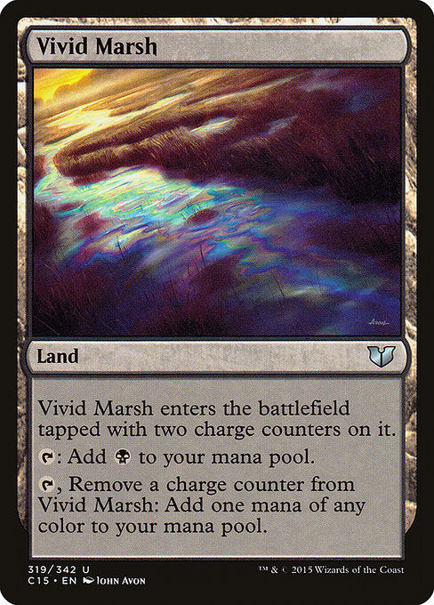 Vivid Marsh
Land
This land enters tapped with two charge counters on it.
{T}: Add {B}.
{T}, Remove a charge counter from this land: Add one mana of any color.