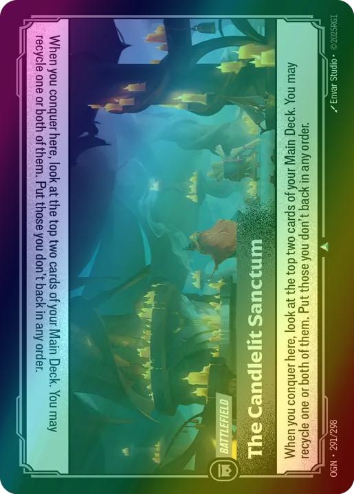 The Candlelit Sanctum
Alternate Art Qualifier: Default Art
Set: Origins
Finish: Foil
Rarity: Uncommon
Card Text: When you conquer here, look at the top two cards of your Main Deck. You may recycle one or both of them. Put those you don't back in any order.