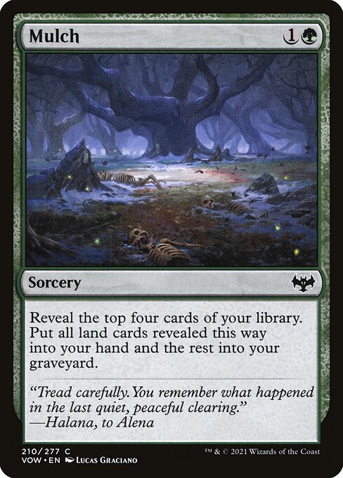 Mulch
Sorcery
Reveal the top four cards of your library. Put all land cards revealed this way into your hand and the rest into your graveyard.