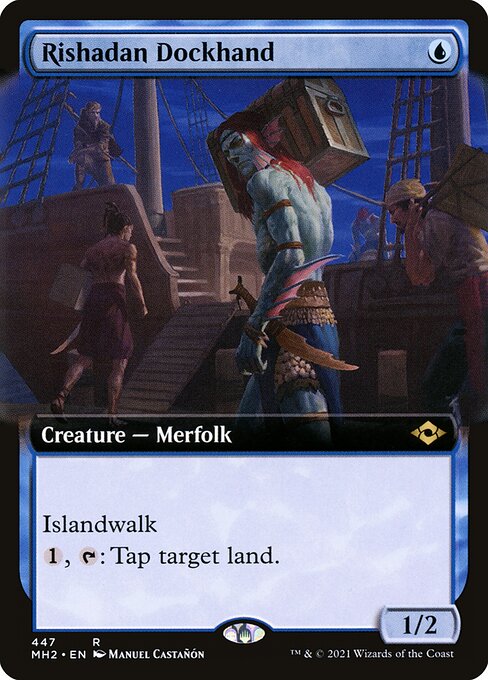 Rishadan Dockhand
Creature — Merfolk
Islandwalk (This creature can't be blocked as long as defending player controls an Island.)
{1}, {T}: Tap target land.
1/2