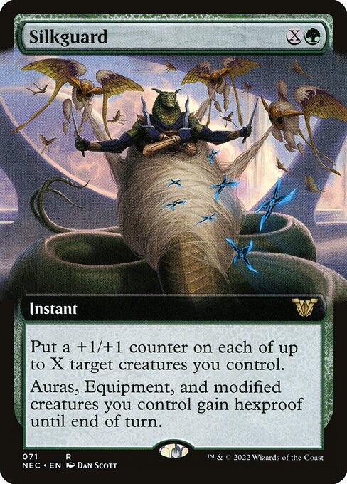 Silkguard
Instant
Put a +1/+1 counter on each of up to X target creatures you control.
Auras, Equipment, and modified creatures you control gain hexproof until end of turn. (Equipment, Auras you control, and counters are modifications.)