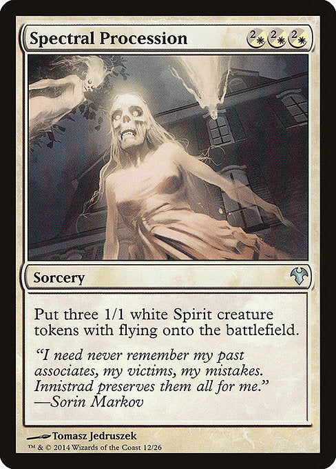 Spectral Procession
Sorcery
Create three 1/1 white Spirit creature tokens with flying.
