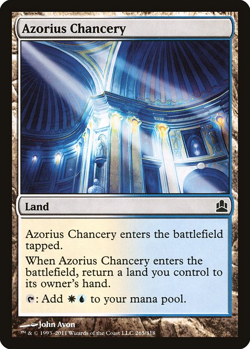 Azorius Chancery
Land
This land enters tapped.
When this land enters, return a land you control to its owner's hand.
{T}: Add {W}{U}.
