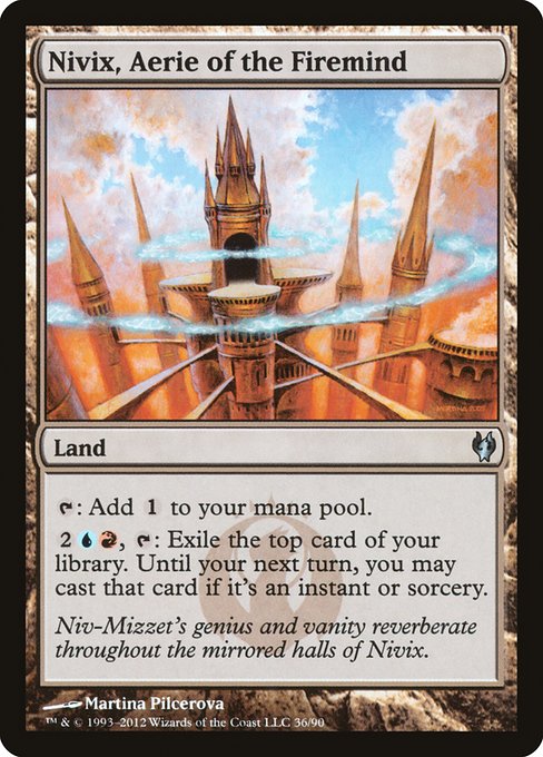 Nivix, Aerie of the Firemind
Land
{T}: Add {C}.
{2}{U}{R}, {T}: Exile the top card of your library. Until your next turn, you may cast it if it's an instant or sorcery spell.
