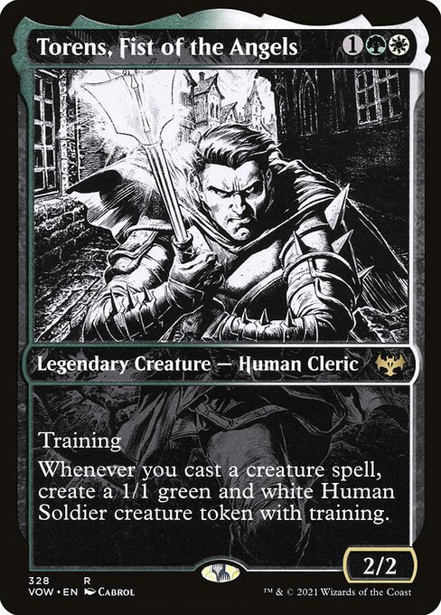 Torens, Fist of the Angels
Legendary Creature — Human Cleric
Training (Whenever this creature attacks with another creature with greater power, put a +1/+1 counter on this creature.)
Whenever you cast a creature spell, create a 1/1 green and white Human Soldier creature token with training.
2/2