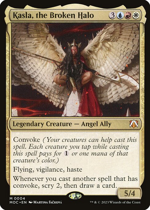 Kasla, the Broken Halo
Legendary Creature — Angel Ally
Convoke (Your creatures can help cast this spell. Each creature you tap while casting this spell pays for {1} or one mana of that creature's color.)
Flying, vigilance, haste
Whenever you cast another spell that has convoke, scry 2, then draw a card.
5/4