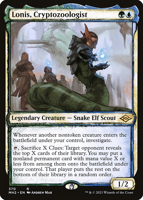 Lonis, Cryptozoologist
Legendary Creature — Snake Elf Scout
Whenever another nontoken creature you control enters, investigate.
{T}, Sacrifice X Clues: Target opponent reveals the top X cards of their library. You may put a nonland permanent card with mana value X or less from among them onto the battlefield under your control. That player puts the rest on the bottom of their library in a random order.
1/2