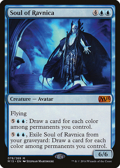 Soul of Ravnica
Creature — Avatar
Flying
{5}{U}{U}: Draw a card for each color among permanents you control.
{5}{U}{U}, Exile this card from your graveyard: Draw a card for each color among permanents you control.
6/6