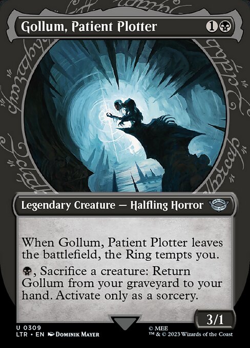 Gollum, Patient Plotter
Legendary Creature — Halfling Horror
When Gollum leaves the battlefield, the Ring tempts you.
{B}, Sacrifice a creature: Return this card from your graveyard to your hand. Activate only as a sorcery.
3/1