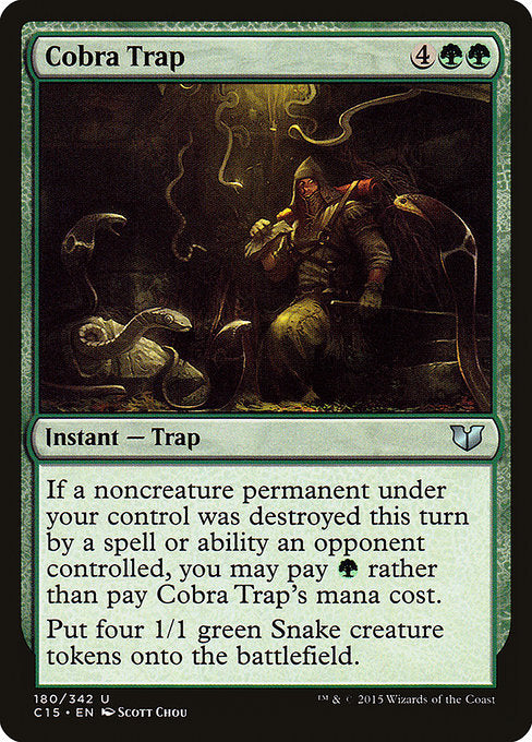 Cobra Trap
Instant — Trap
If a noncreature permanent under your control was destroyed this turn by a spell or ability an opponent controlled, you may pay {G} rather than pay this spell's mana cost.
Create four 1/1 green Snake creature tokens.