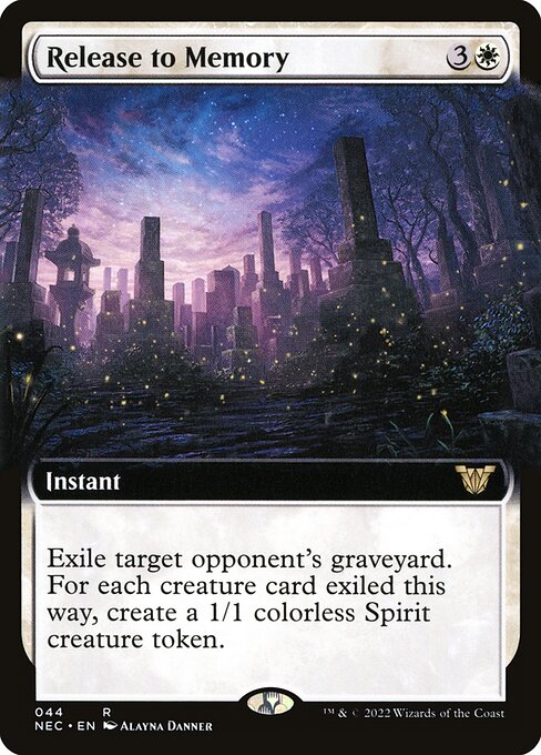Release to Memory
Instant
Exile target opponent's graveyard. For each creature card exiled this way, create a 1/1 colorless Spirit creature token.