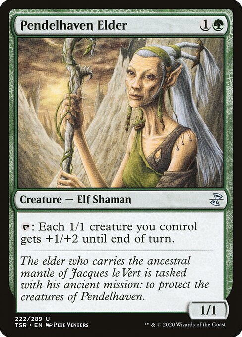 Pendelhaven Elder
Creature — Elf Shaman
{T}: Each 1/1 creature you control gets +1/+2 until end of turn.
1/1