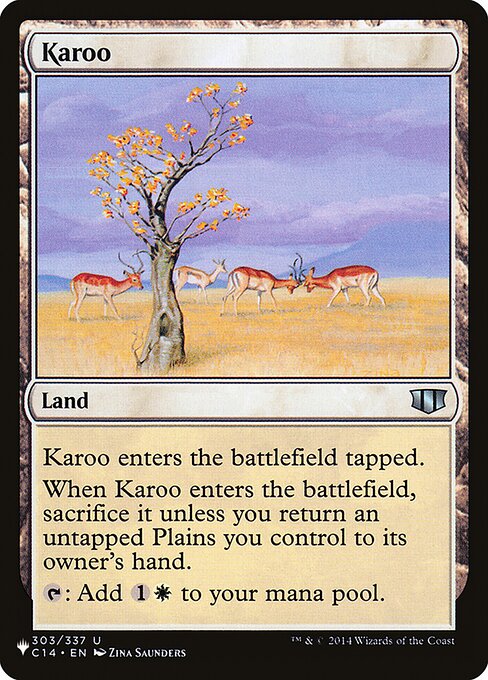Karoo
Land
This land enters tapped.
When this land enters, sacrifice it unless you return an untapped Plains you control to its owner's hand.
{T}: Add {C}{W}.