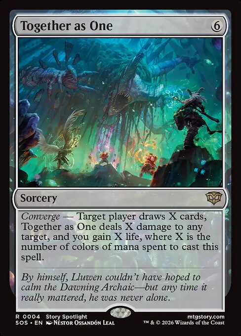 Together as One
Sorcery
Converge — Target player draws X cards, Together as One deals X damage to any target, and you gain X life, where X is the number of colors of mana spent to cast this spell.