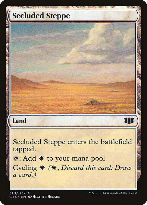 Secluded Steppe
Land
This land enters tapped.
{T}: Add {W}.
Cycling {W} ({W}, Discard this card: Draw a card.)