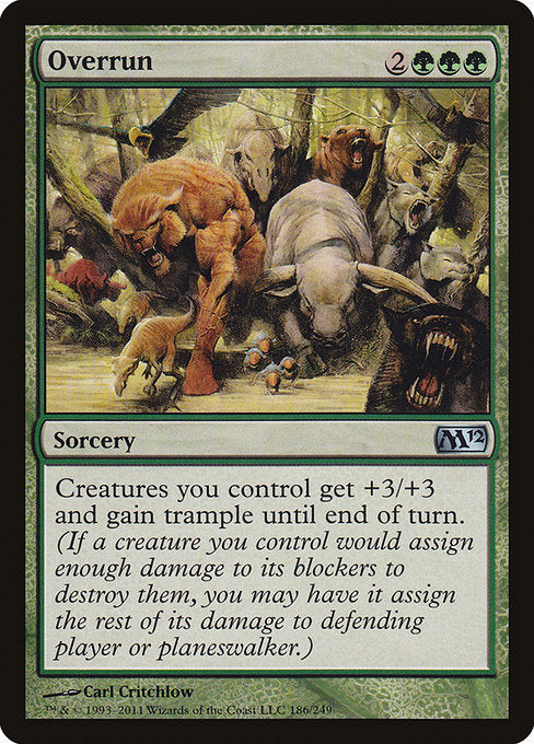Overrun
Sorcery
Creatures you control get +3/+3 and gain trample until end of turn. (Each of those creatures can deal excess combat damage to the player or planeswalker it's attacking.)