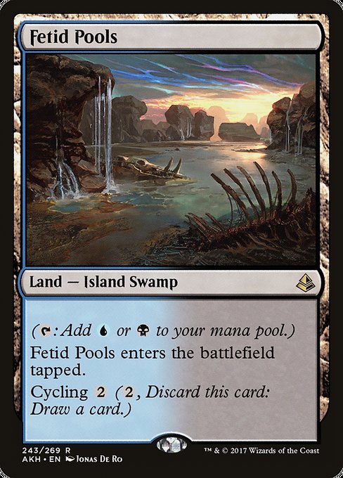 Fetid Pools
Land — Island Swamp
({T}: Add {U} or {B}.)
This land enters tapped.
Cycling {2} ({2}, Discard this card: Draw a card.)