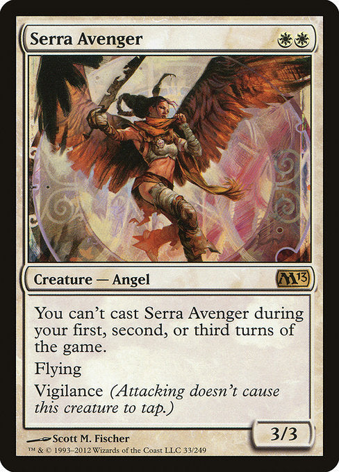 Serra Avenger
Creature — Angel
You can't cast Serra Avenger during your first, second, or third turns of the game.
Flying, vigilance
3/3