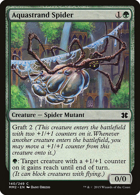 Aquastrand Spider
Creature — Spider Mutant
Graft 2 (This creature enters with two +1/+1 counters on it. Whenever another creature enters, you may move a +1/+1 counter from this creature onto it.)
{G}: Target creature with a +1/+1 counter on it gains reach until end of turn. (It can block creatures with flying.)
0/0