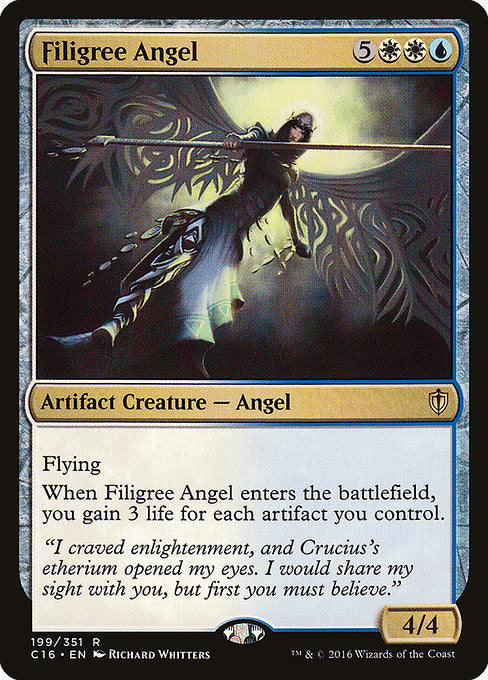 Filigree Angel
Artifact Creature — Angel
Flying
When this creature enters, you gain 3 life for each artifact you control.
4/4