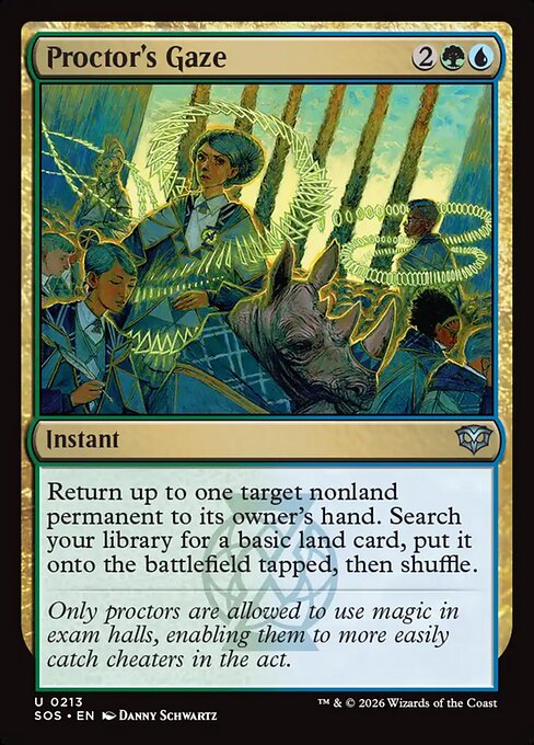 Proctor's Gaze
Instant
Return up to one target nonland permanent to its owner's hand. Search your library for a basic land card, put it onto the battlefield tapped, then shuffle.